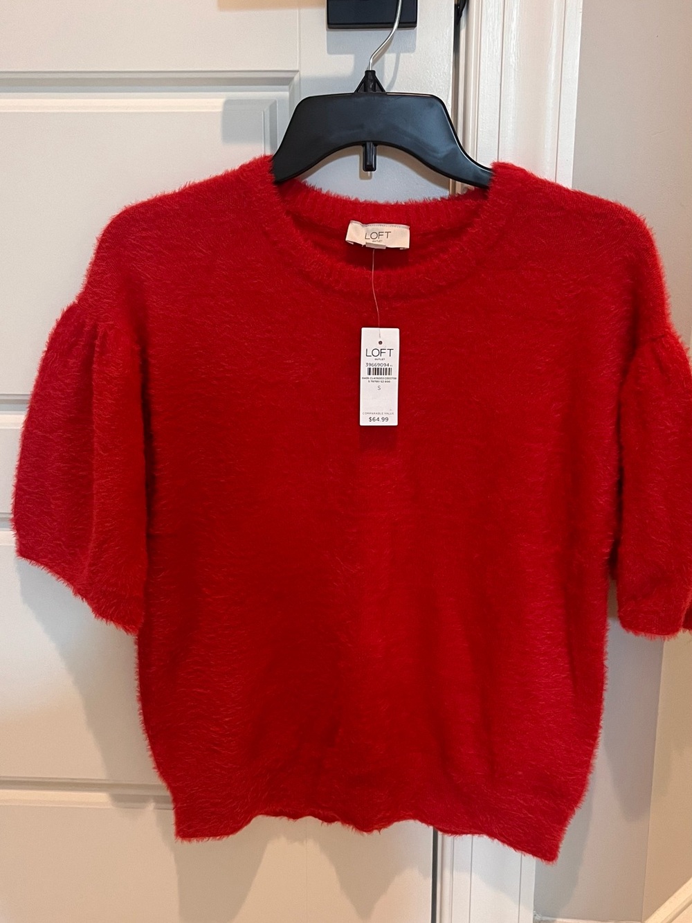 LOFT Red Fuzzy Short-Sleeve Crewneck Sweater